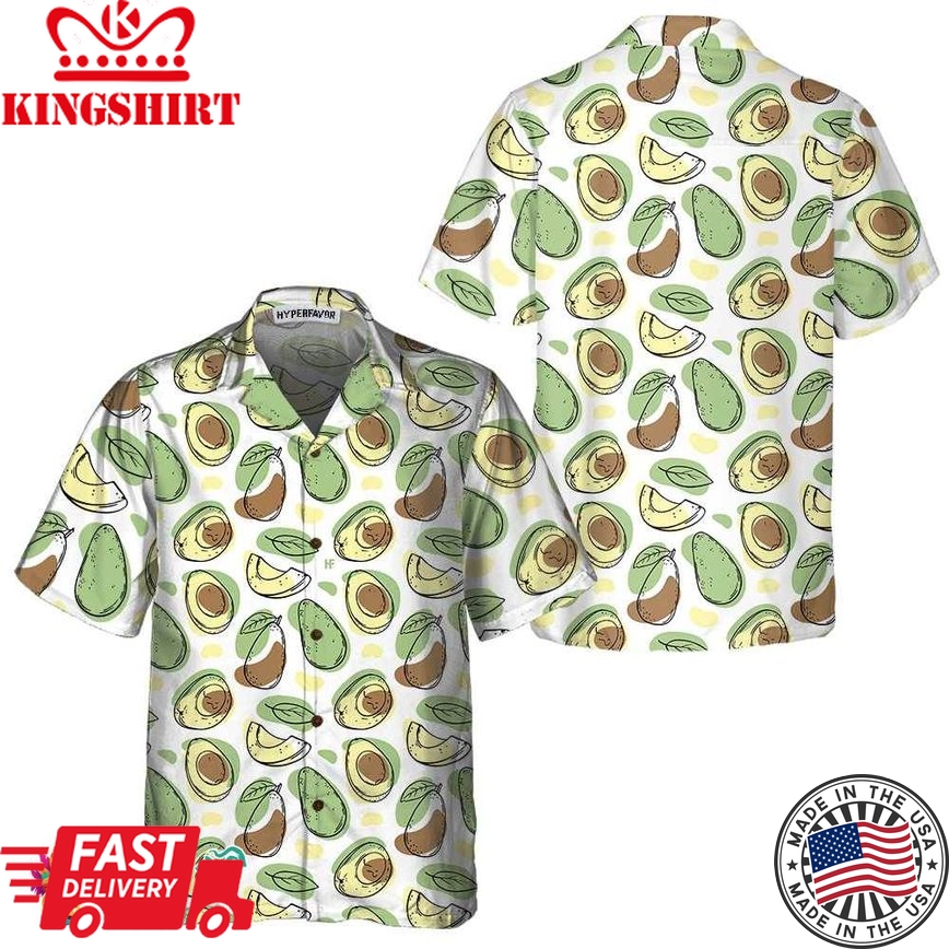 Hand Drawn Cute Avocado Pattern Hawaiian Shirt, Funny Avocado Shirt, Short Sleeve Avocado Print Shirt