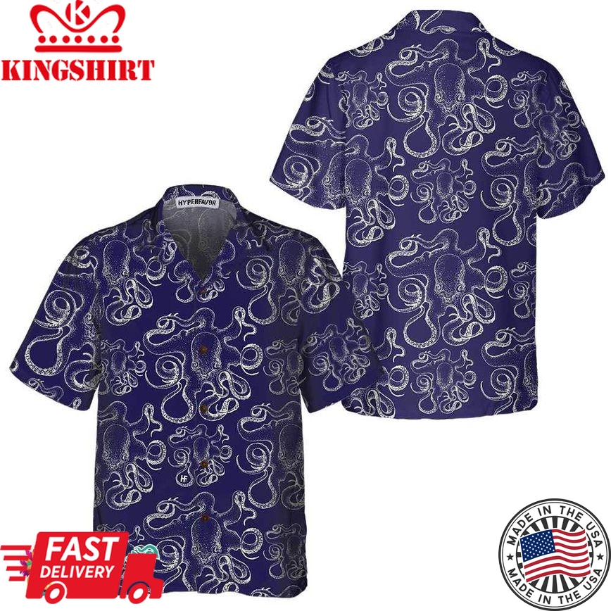 Hand Drawn Octopus Hawaiian Shirt, Unique Navy Octopus Shirt For Men & Women