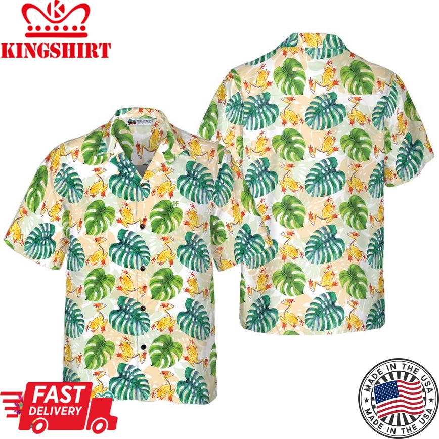 Hand Drawn Tree Frogs And Monstera Leaves Hawaiian Shirt