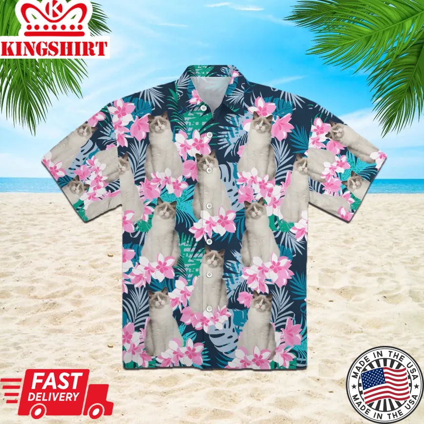 Happy Cat And Beautiful Flower Tropical Pattern Trendy Hawaiian Shirt For Aloha Shirt