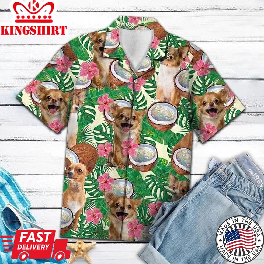 Happy Chihuahua Hide In Tropical Coconut Jungle Pattern Hawaiian Shirt