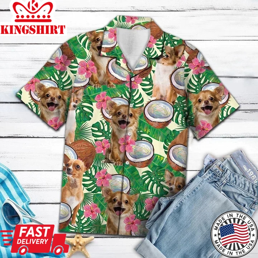 Happy Chihuahua Hide In Tropical Coconut Jungle Pattern Trendy Hawaiian Shirt