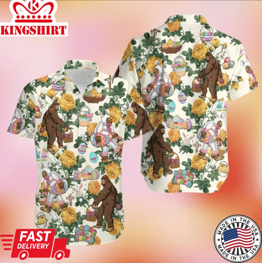 Happy Easter Bunny Bigfoot Hunting Eggs Hawaiian Shirts Aloha Hawaii Shirt Aloha Shirt For Summer