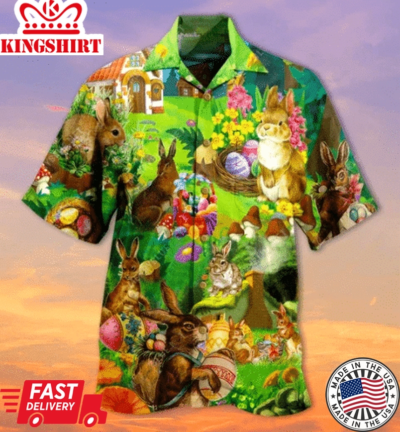 Happy Easter Bunny On Garden Green Hawaiian Shirt