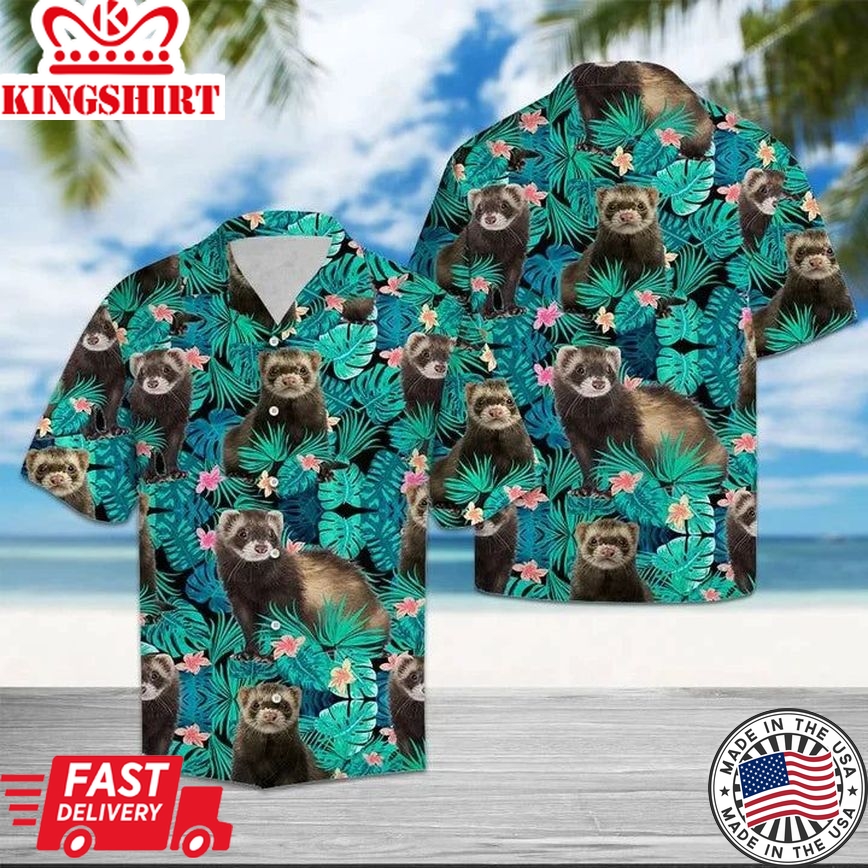 Happy Ferret Tropical Palm Leaves Summer Vacation Gift Hawaiian Shirt