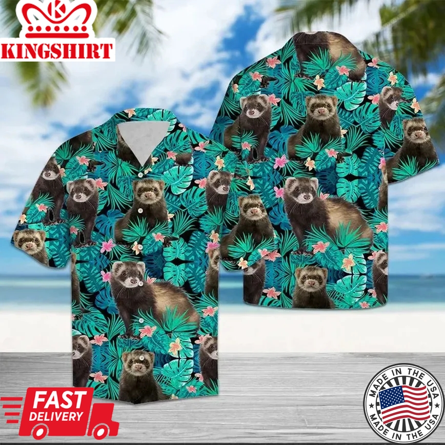 Happy Ferret Tropical Palm Leaves Summer Vacation Gift Trendy Hawaiian Shirt