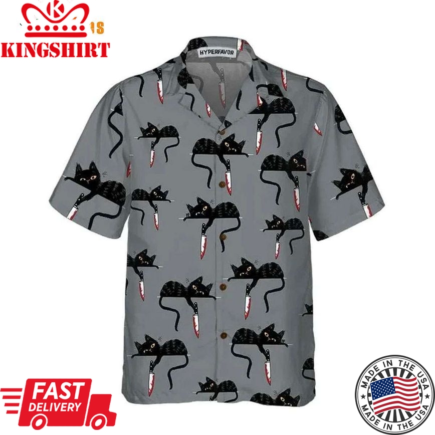 Happy Halloween Black Cat With Knife, Cat Trendy Hawaiian Shirt Perfect Gifts For Your Loved Ones