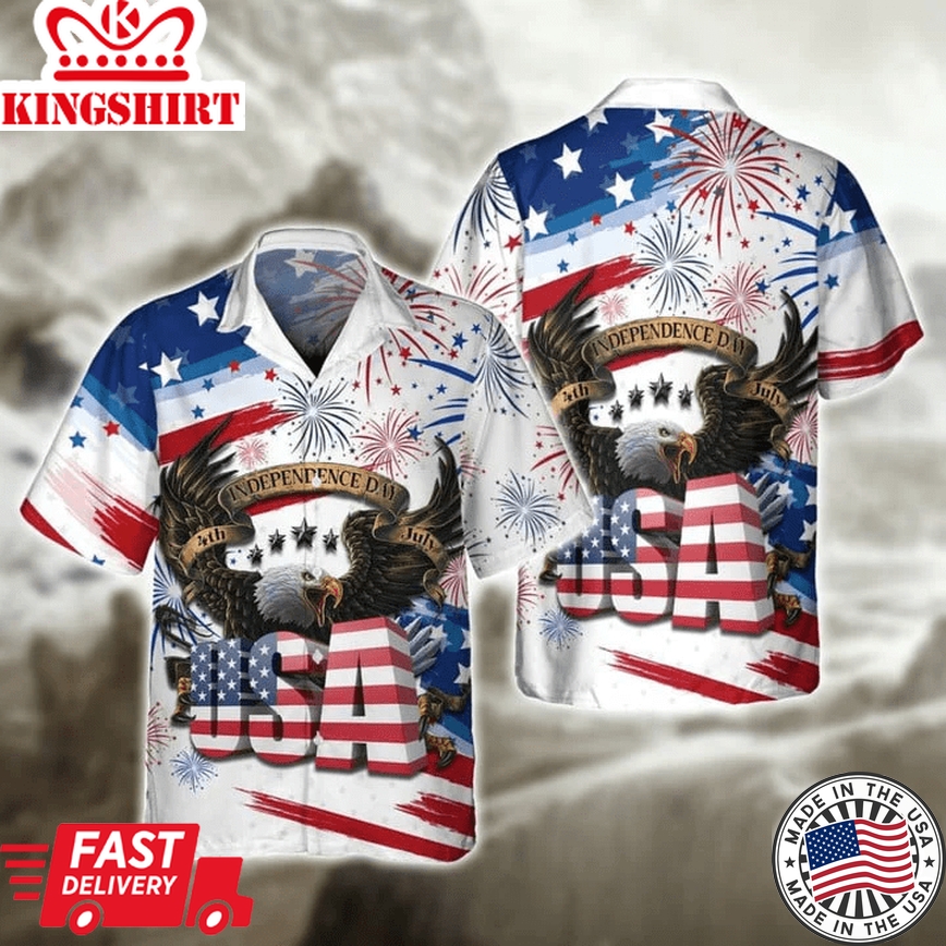 Happy Independence's Day Usa Eagle 3D Trendy Hawaiian Shirts, Fourth Of Jul Aloha Hawaii Beach Shirt Short Sleeve, Aloha Shirt