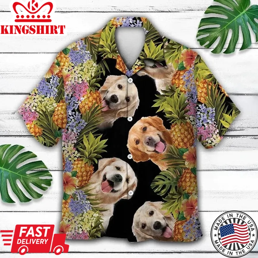 Happy Moment Aloha Golden Retriever Pineapple Leaves Trendy Hawaiian Shirt