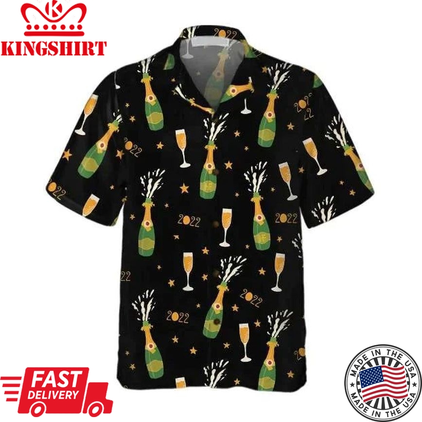 Happy New Year Champagne Bottle And Glass Lovely Pattern Hawaiian Shirt