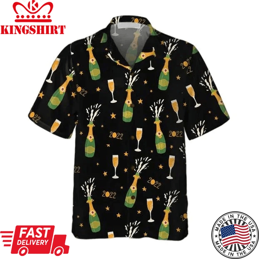 Happy New Year Champagne Bottle And Glass Lovely Pattern Trendy Hawaiian Shirt