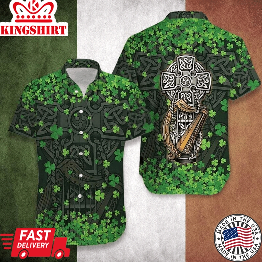 Happy Patricks Day The Celtic Cross Harp Irish Proud Grey Green Hawaiian Shirts