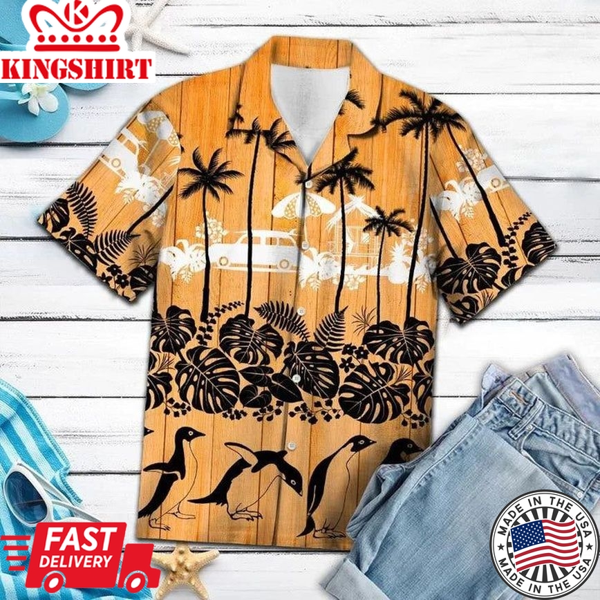 Happy Penguin Palm Tree Summer Vacation Hawaiian Shirt