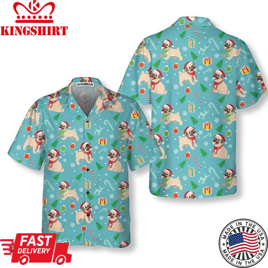 Happy Pug Dog Christmas Hawaiian Shirt, Funny Pug Christmas Shirt