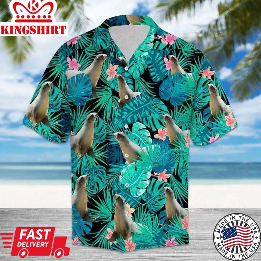 Happy Seal Playing In Tropical Jungle Pattern Hawaiian Shirt