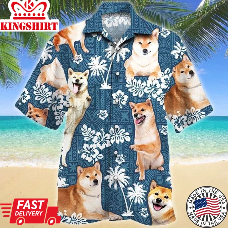 Happy Shiba Inu Dog Blue Tribal Pattern White Plant Hawaiian Shirt