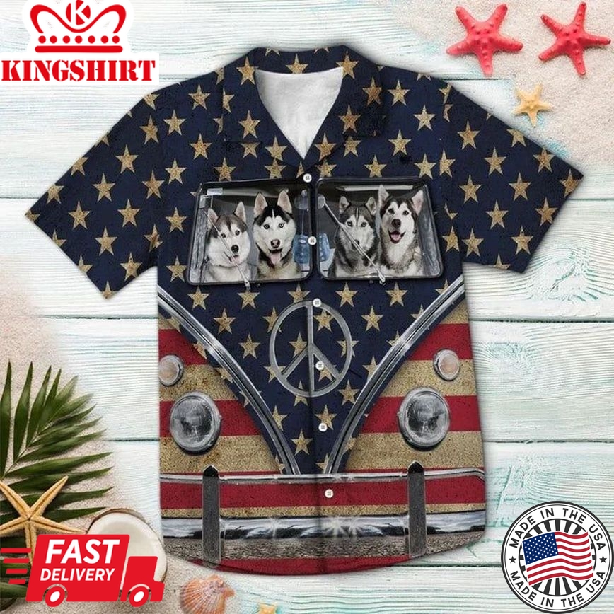 Happy Siberian Husky Family Riding Flag Hippie Bus Hawaiian Shirt