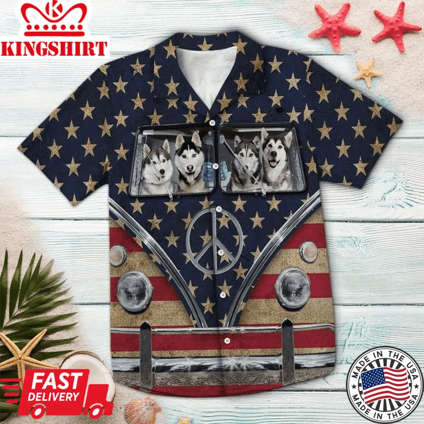 Happy Siberian Husky Family Riding Flag Hippie Bus Trendy Hawaiian Shirt