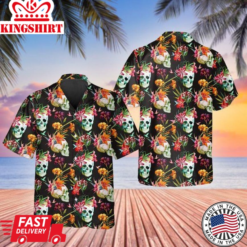 Happy Summer Grinning Skull 3D Printed Trendy Hawaiian Shirt, Skull Flower Hawaiian Aloha Shirt