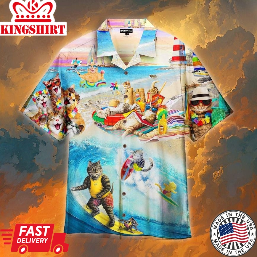 Happy Surfing Day With Cats Trendy Hawaiian Shirt