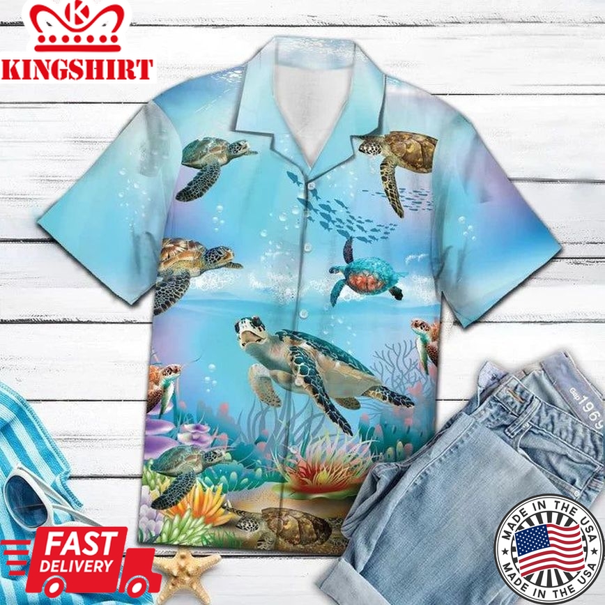 Happy Turtle Swimming Undersea Life Themed Hawaiian Shirt