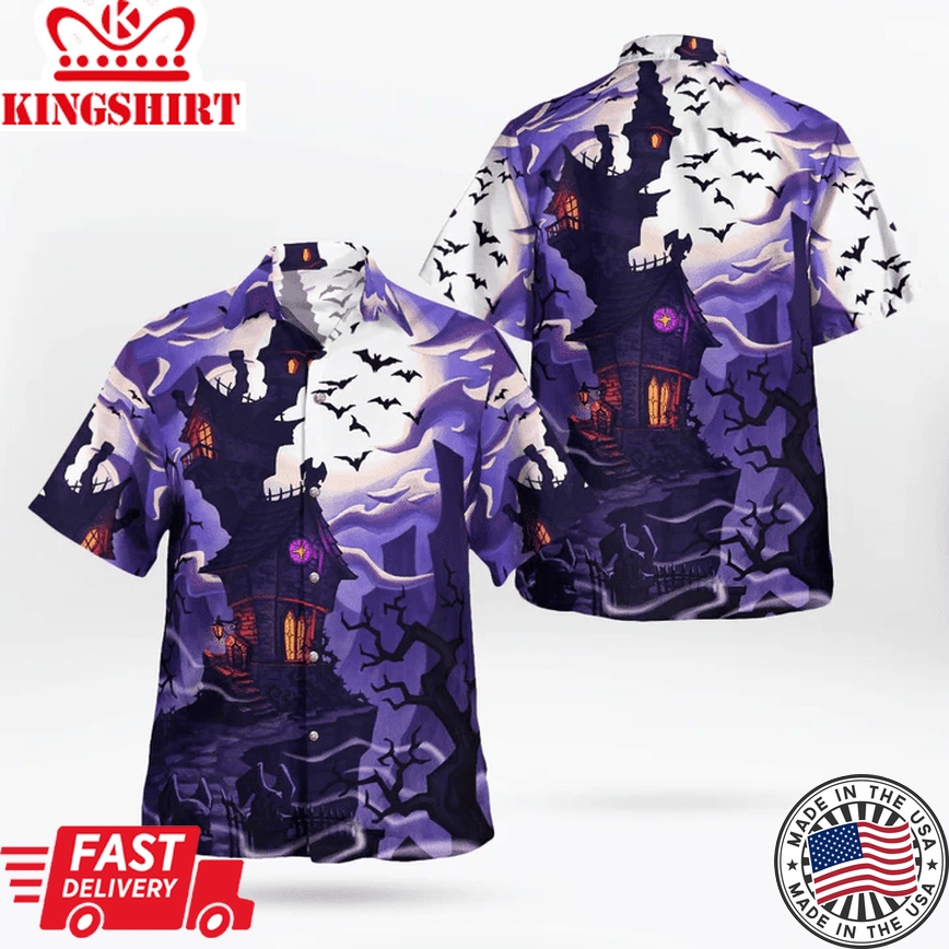 Haunted House At Full Moon Night Halloween Trendy Hawaiian Shirt, Unisex Print Aloha Short Sleeve Casual Shirt