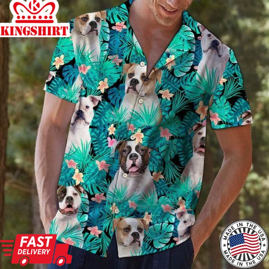 Hawaii Shirt ? American Bulldog Dog Tropical Trendy Hawaiian Shirt Button Down Short Sleeve Shirts