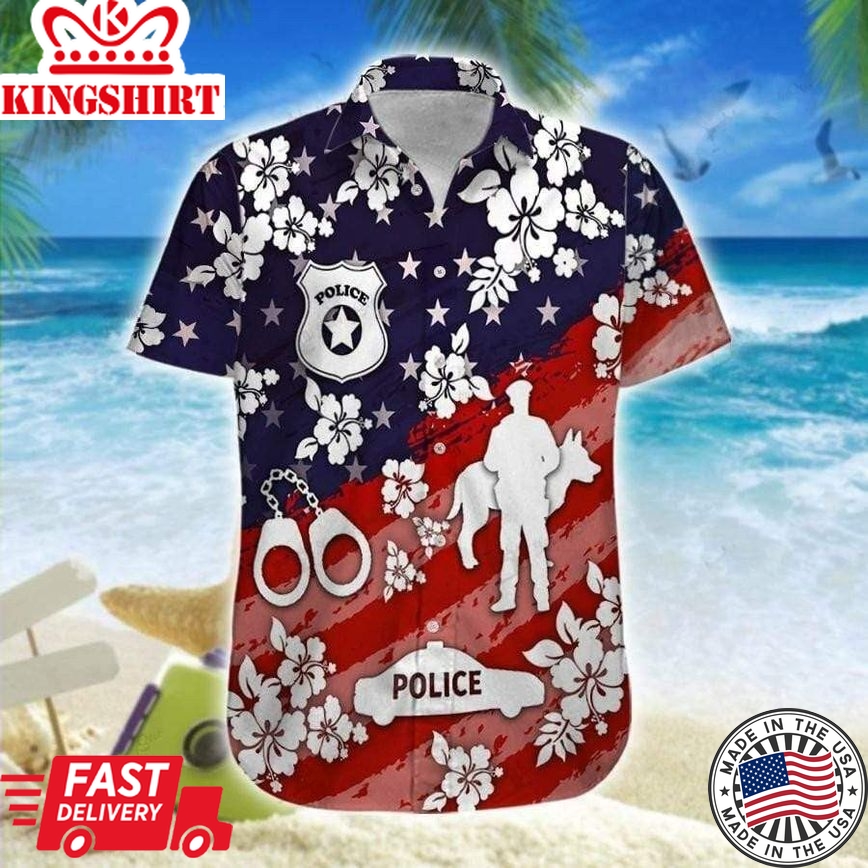 Hawaiian Aloha Shirt Made In Hawaii Police Navy And Red