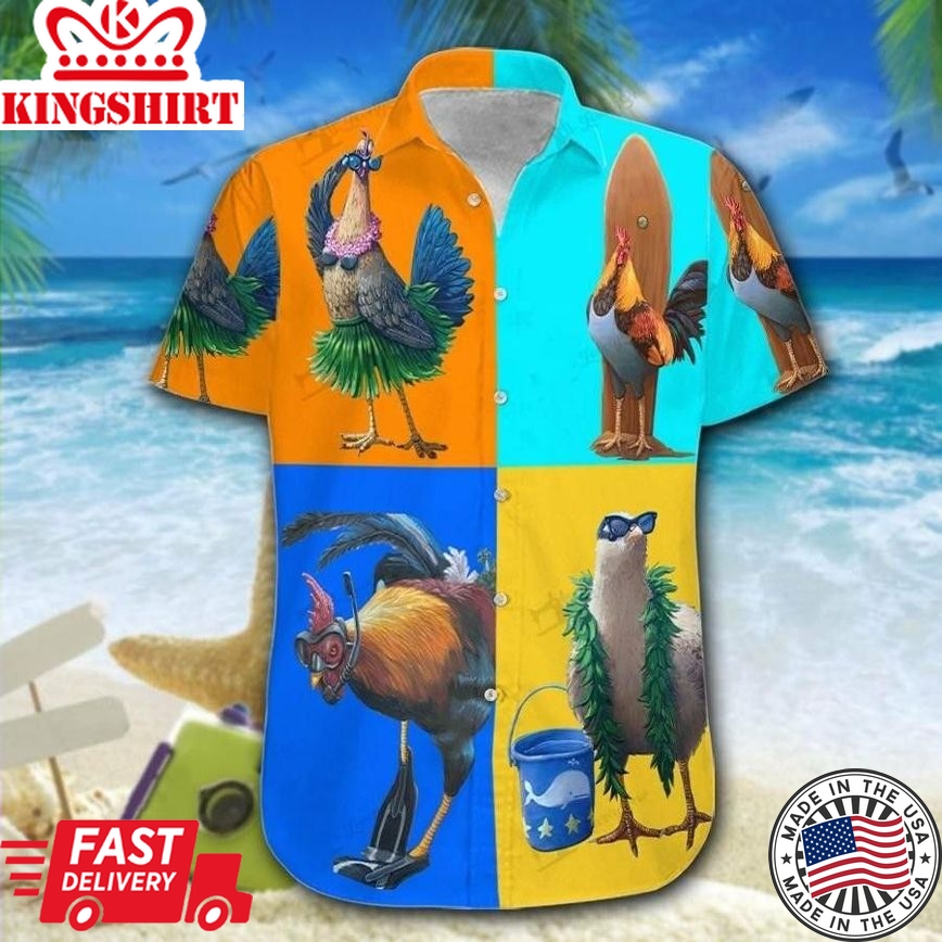 Hawaiian Aloha Shirts Chicken On The Beach, Chicken Lover Trendy Hawaiian Shirt For Summer Gifts