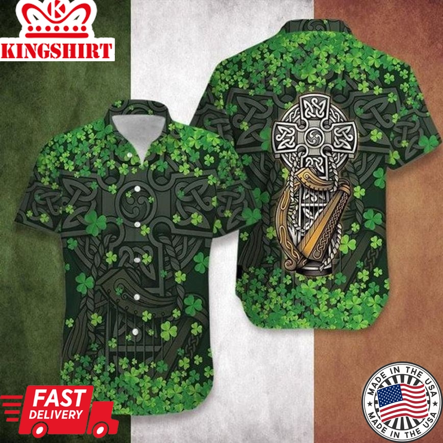 Hawaiian Aloha Shirts, Irish St Patrick's Day The Celtic Cross Harp, St Patrick's Day Hawaiian Shirt