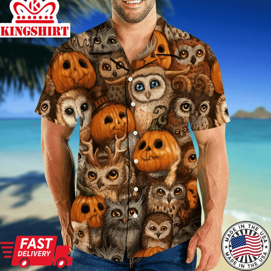 Hawaiian Aloha Shirts Owl Pumkin Halloween, Unisex Print Aloha Short Sleeve Casual Shirt