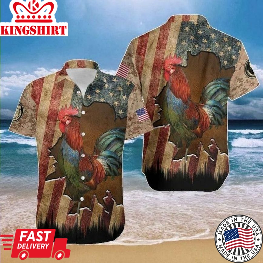 Hawaiian Aloha Shirts Rooster Flag Crack Vintage, Chicken Lover Trendy Hawaiian Shirt For Summer Gifts