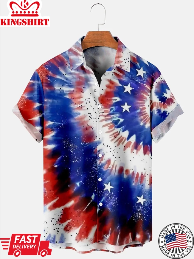 Hawaiian American Flag Gradient Star Print Men's Trendy Hawaiian Shirt, Independence Day Trendy Hawaiian Shirt