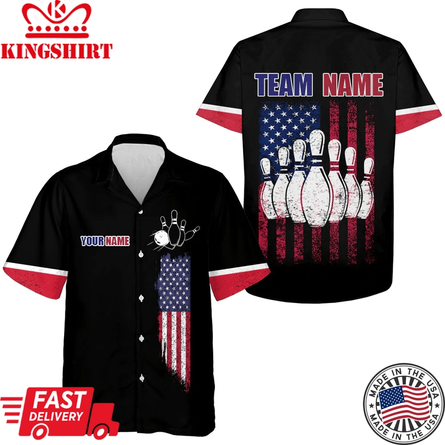 Hawaiian Bowling Shirt For Men Women, Custom American Flag Bowling Shirt With Name, Bowling Team Shirt