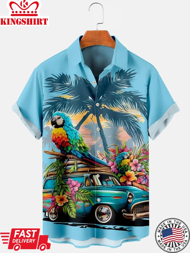 Hawaiian Coconut Palm Parrot Car Men's Shirts