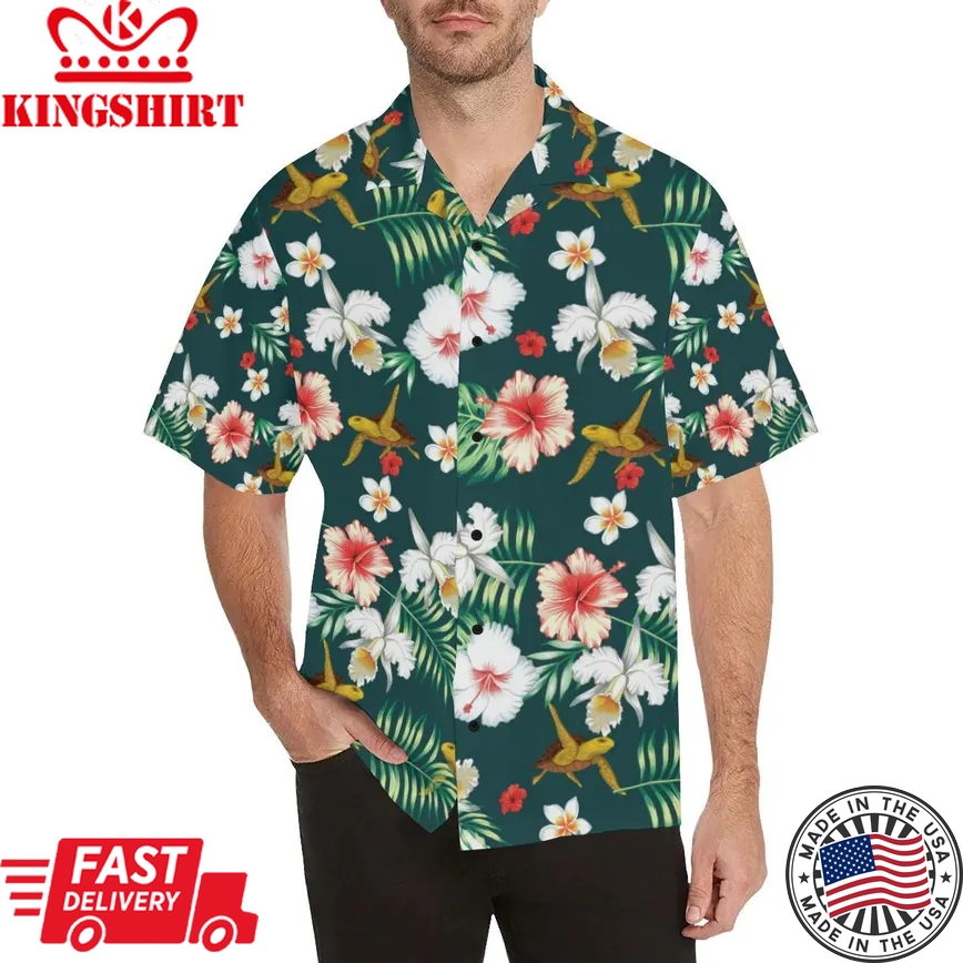 Hawaiian Flower Design With Seaturtle Print Trendy Hawaiian Shirt, Turtle Lover Trendy Hawaiian Shirt For