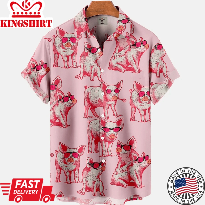 Hawaiian Funny Animal Pig Print Pocket Short Sleeve Trendy Hawaiian Shirt