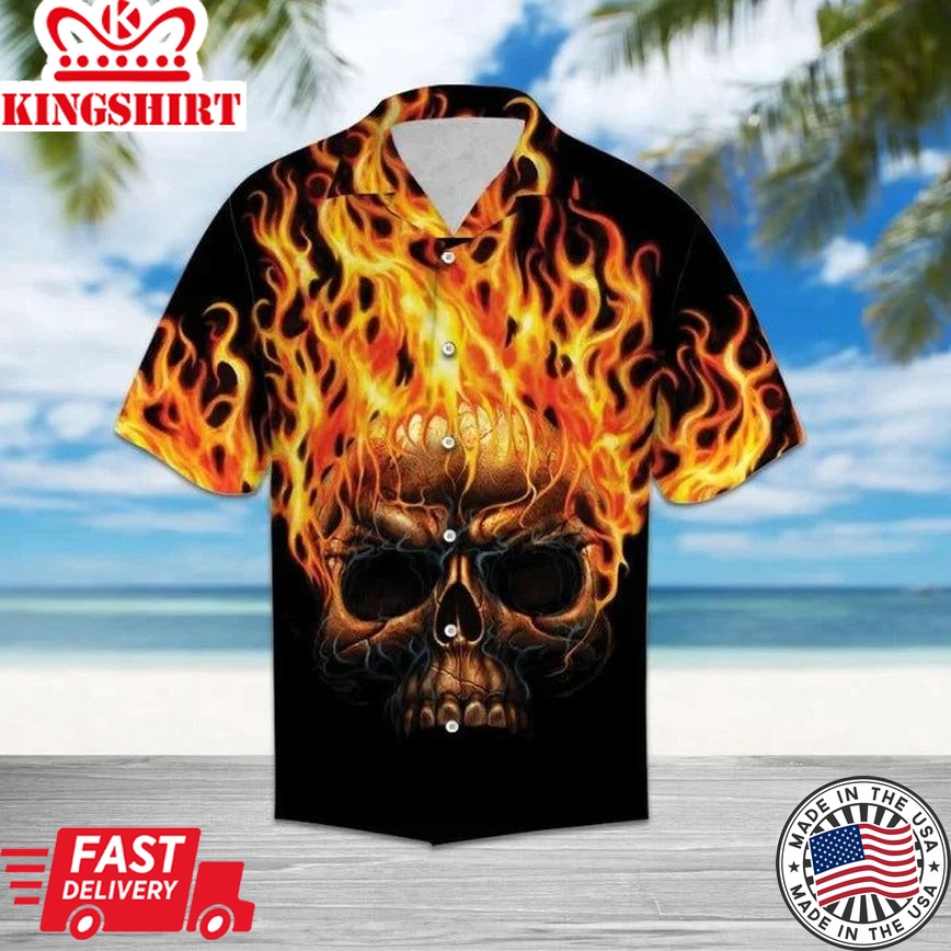 Hawaiian Shirt Flame Metal Skull Head In Black Hawaii Shirt For Men