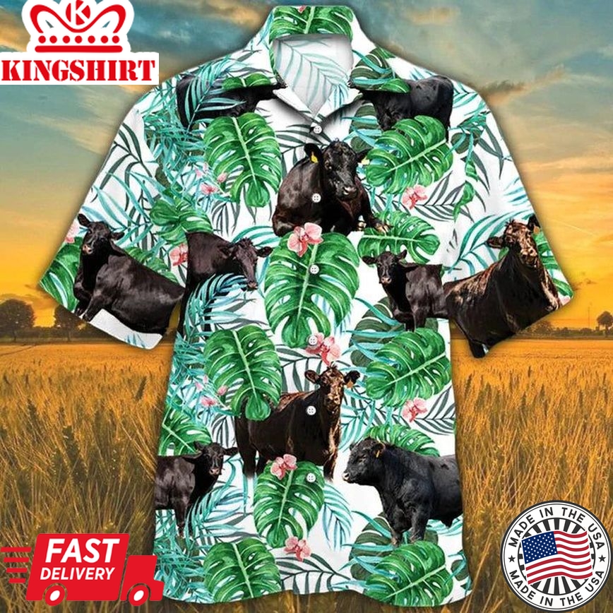 Hawaiian Shirt For Men, Black Angus Cattle Lovers Tropical Plant Hawaiian Shirt, Cow Summer Hawaiian Shirt