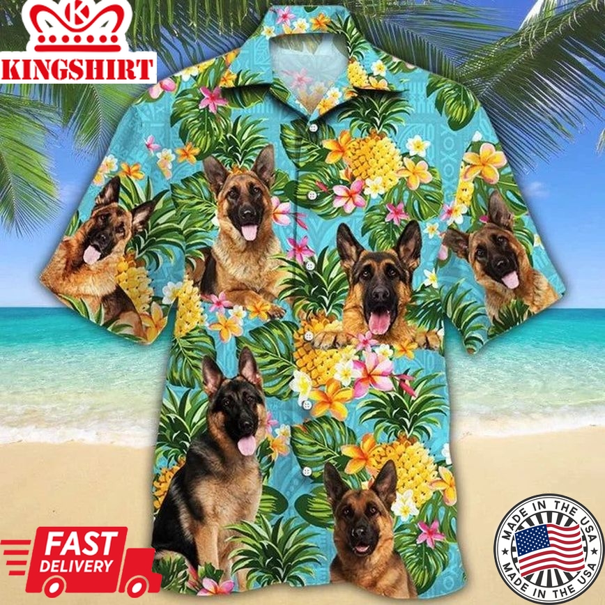 Hawaiian Shirt German Shepherd Dog With Tropical Flowers And Pineapples