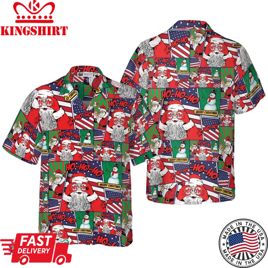 Hawaiian Shirts, Santa With American Flag Comic Style Shirt Short Sleeve, Christmas Shirt Idea Gift For Men And Women