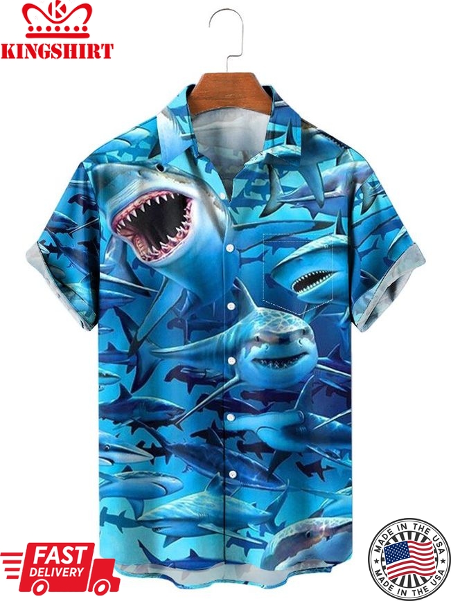 Hawaiian Shirts Sharks Print Easy Care Chest Pocket Aloha Shirts