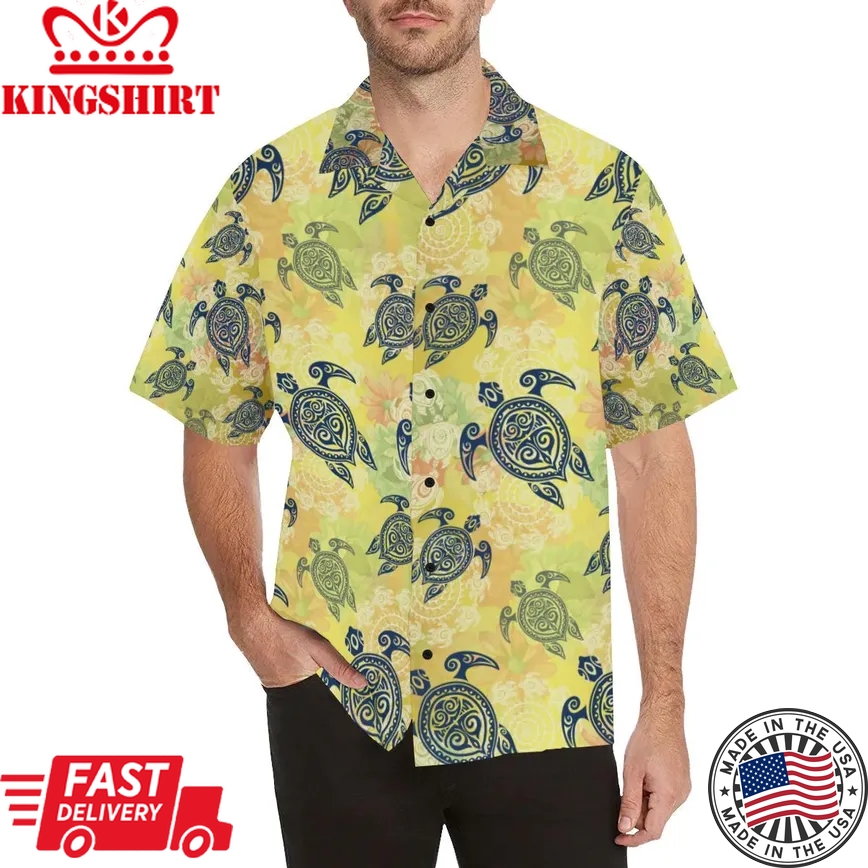 Hawaiian Turtle Tribal Design Print Trendy Hawaiian Shirt, Turtle Lover Trendy Hawaiian Shirt For