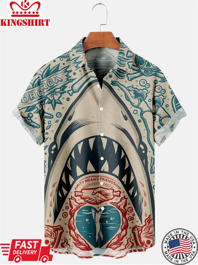 Hawaiian Vintage Shark Print Men's Trendy Hawaiian Shirt, Independence Day Trendy Hawaiian Shirt