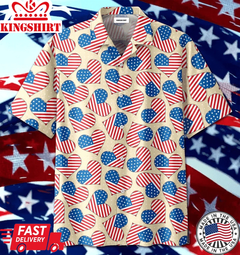 Heart Pattern Independence Day Patriotic Trendy Hawaiian Shirt