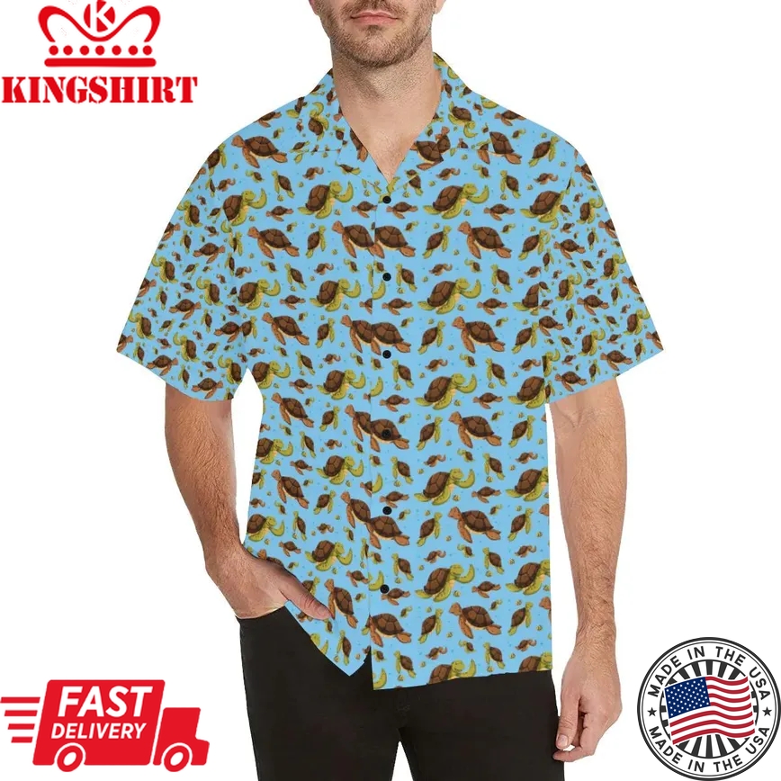 Hello Sea Turtle Print Pattern Trendy Hawaiian Shirt, Turtle Lover Trendy Hawaiian Shirt For