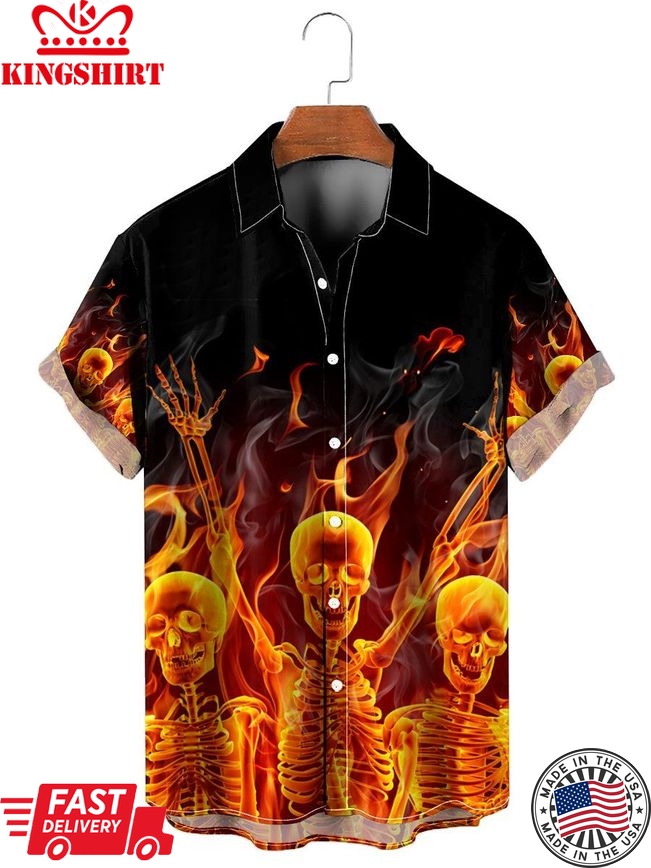 Hello Skull Cool Skulls On Fire Hawaiian Shirt