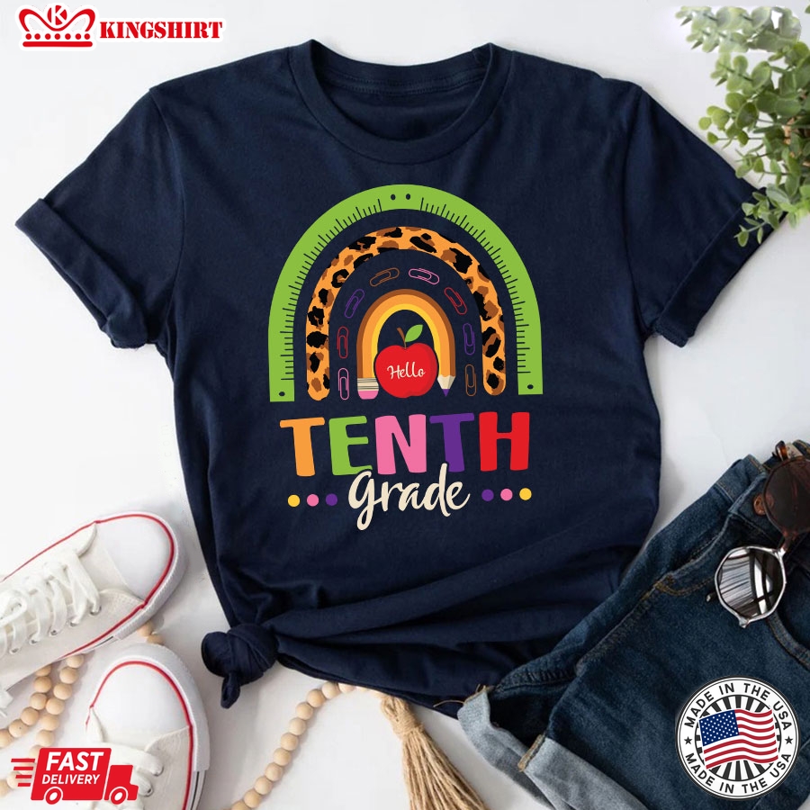 Hello Tenth Grade Teacher Rainbow Leopard Back To School T-Shirt