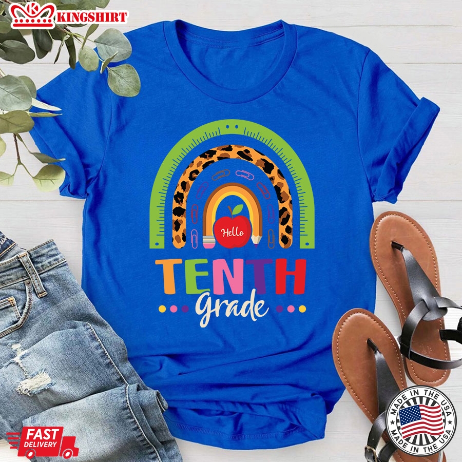 Hello Tenth Grade Teacher Rainbow Leopard Back To School T-Shirt