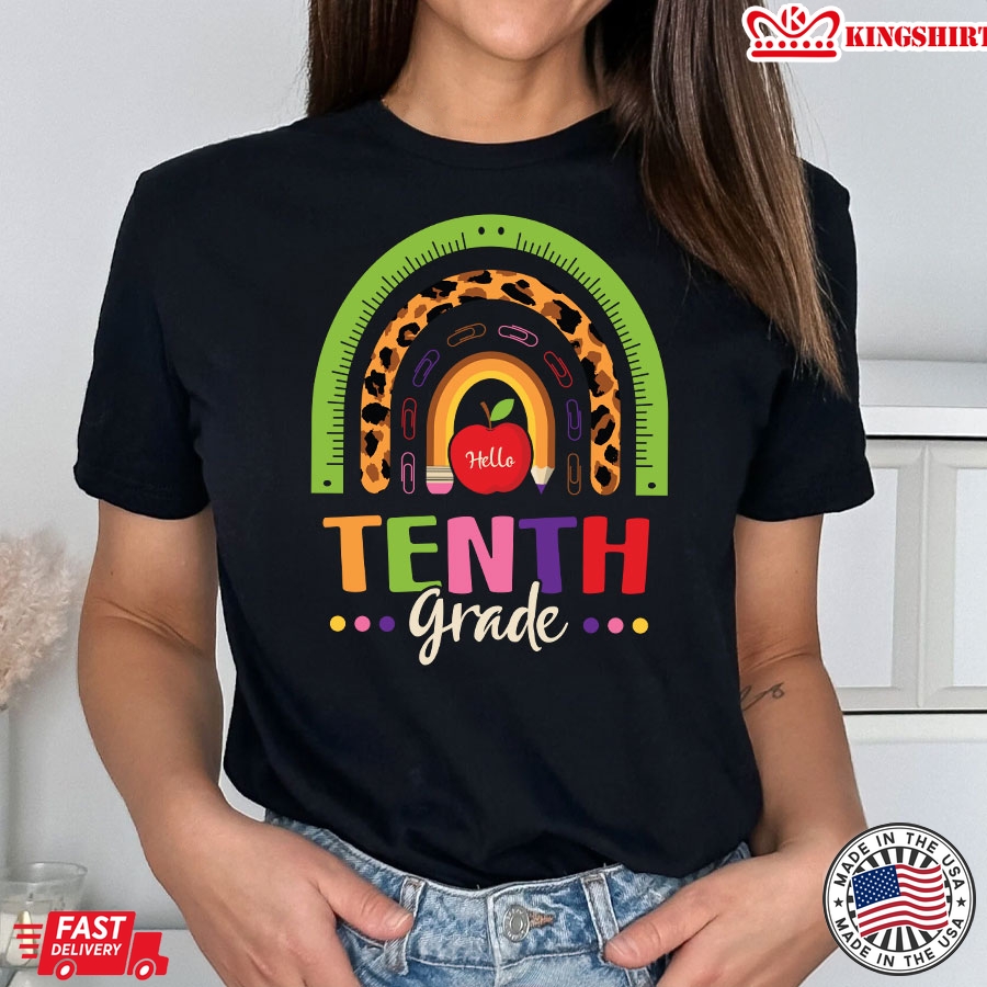 Hello Tenth Grade Teacher Rainbow Leopard Back To School T-Shirt